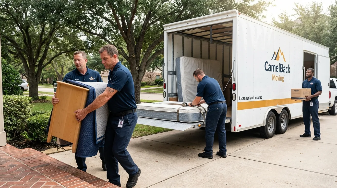 Crew loading residential truck for cross-state move from Milpitas, CA