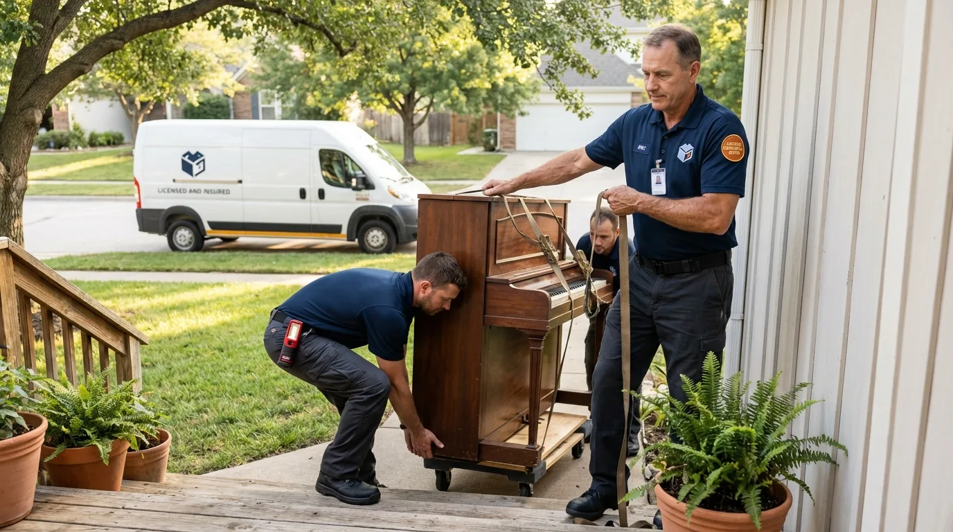 Licensed piano movers securing grand piano in Milpitas, CA