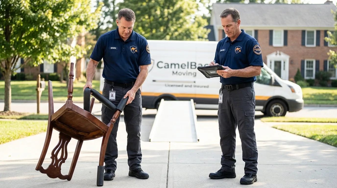 Movers inspecting furniture for damage prevention before loading in Milpitas, CA