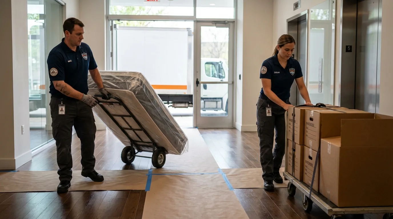 Professional apartment movers loading elevator in Milpitas, CA